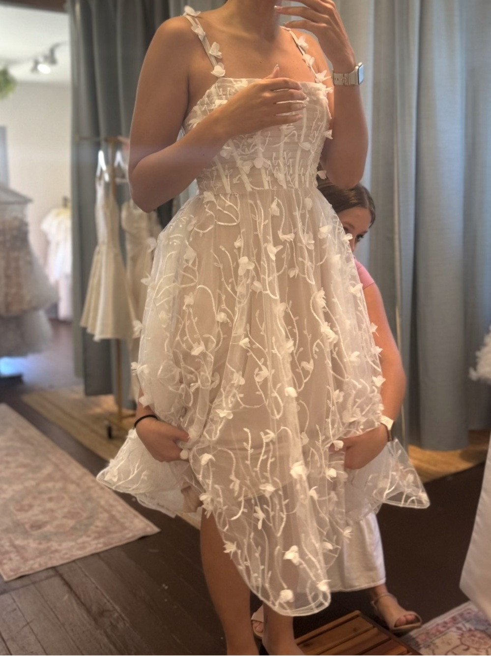 Ivory Floral Appliqué Tea-Length Dress